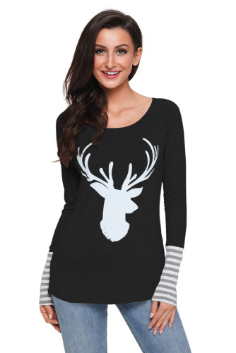 Black Christmas Reindeer Printed T-Shirt