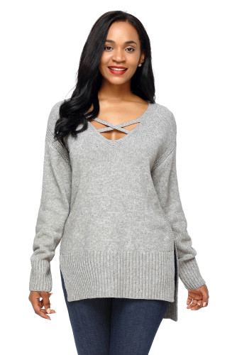 Gray Deep V Neck Crisscross Knit Sweater