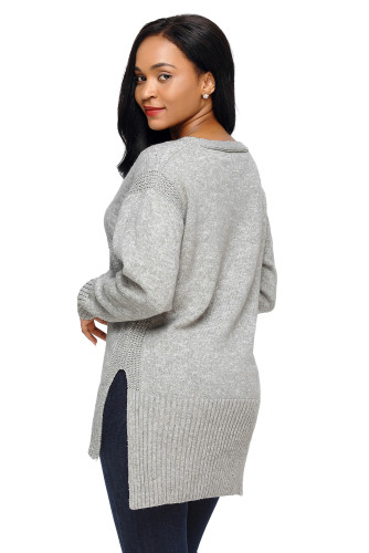 Gray Deep V Neck Crisscross Knit Sweater