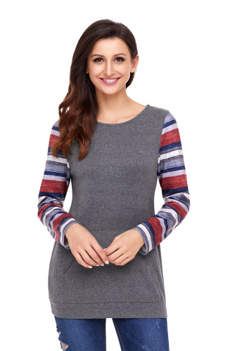 Multicolor Stripes Sleeve Pullover Taupe Sweatshirt