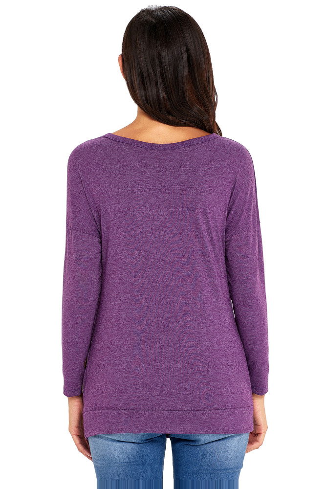 Purple Buttoned Side Long Sleeve Spring Autumn Womens Top