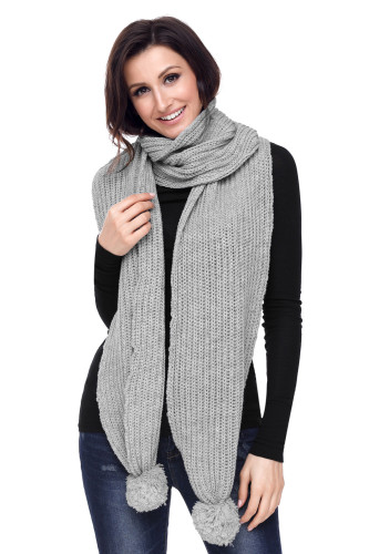 Gray Pom Pom Ribbed Knit Scarf
