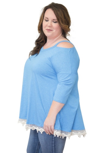 Light Blue Cold Shoulder Lacy Hem Plus Size Blouse