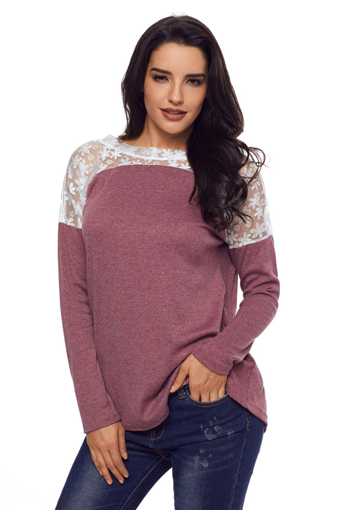 Split Effect Back Lace Insert Mauve Long Sleeve Top