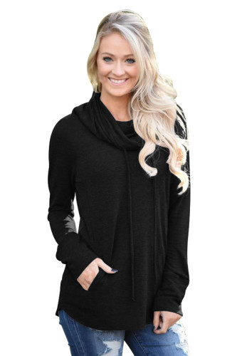 Black Drawstring Cowl Neck Sweatshirt