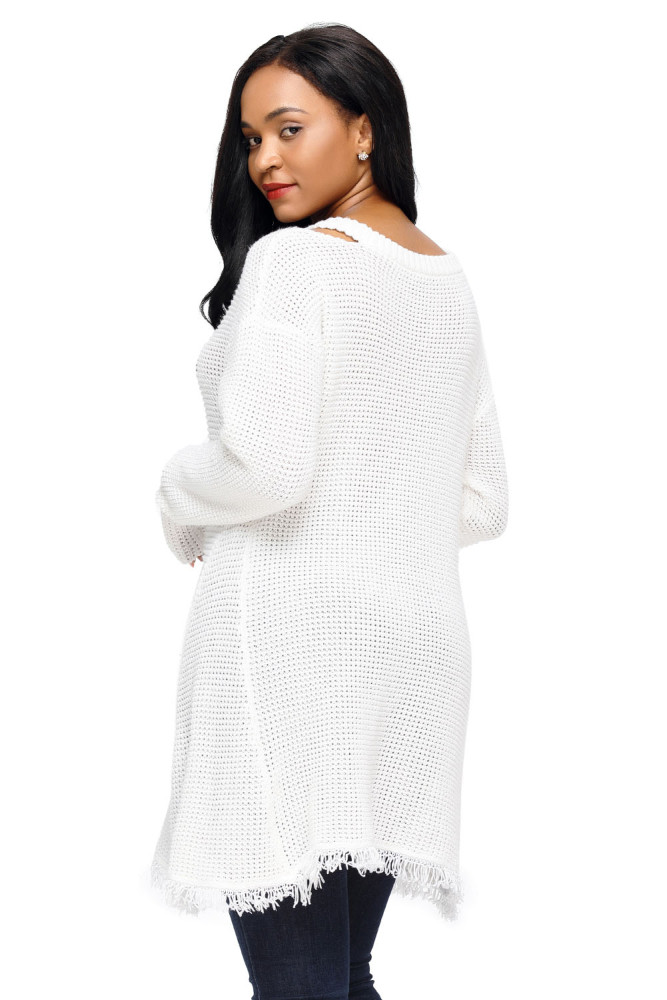 White V Neck Waffle Knit Sweater
