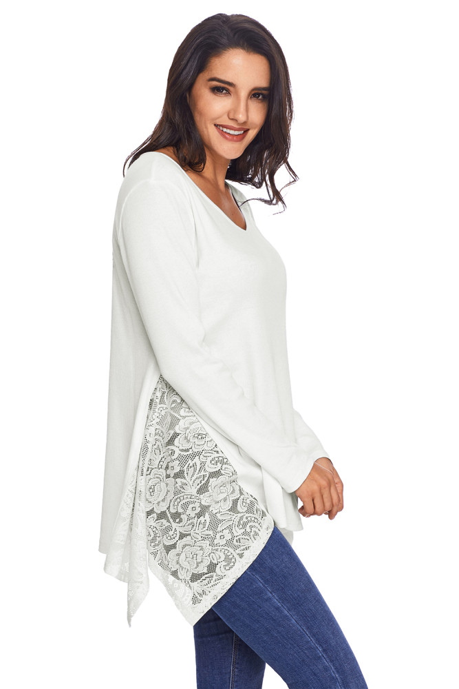Graceful Lace Inset Side White Womens Top