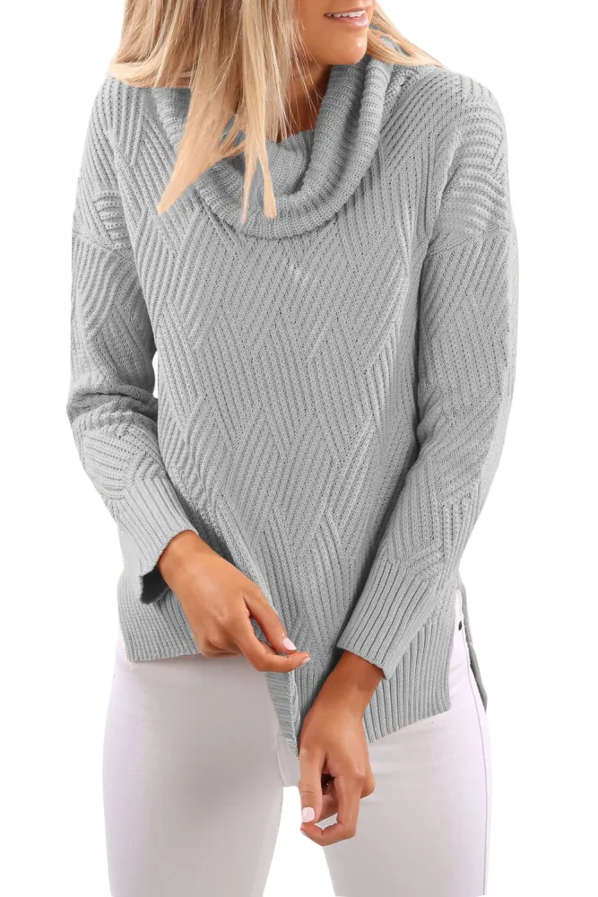 Grey Cowl Neck Side Split Sweater