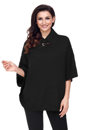 Black High Neck Waffle Knit Poncho