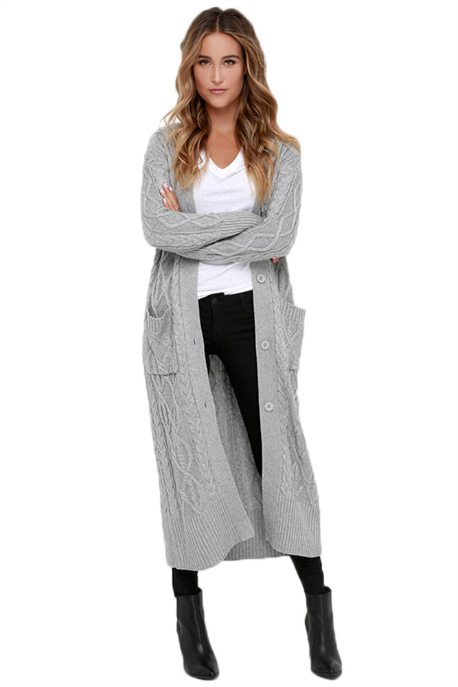 Grey Cable Knit Long Cardigan