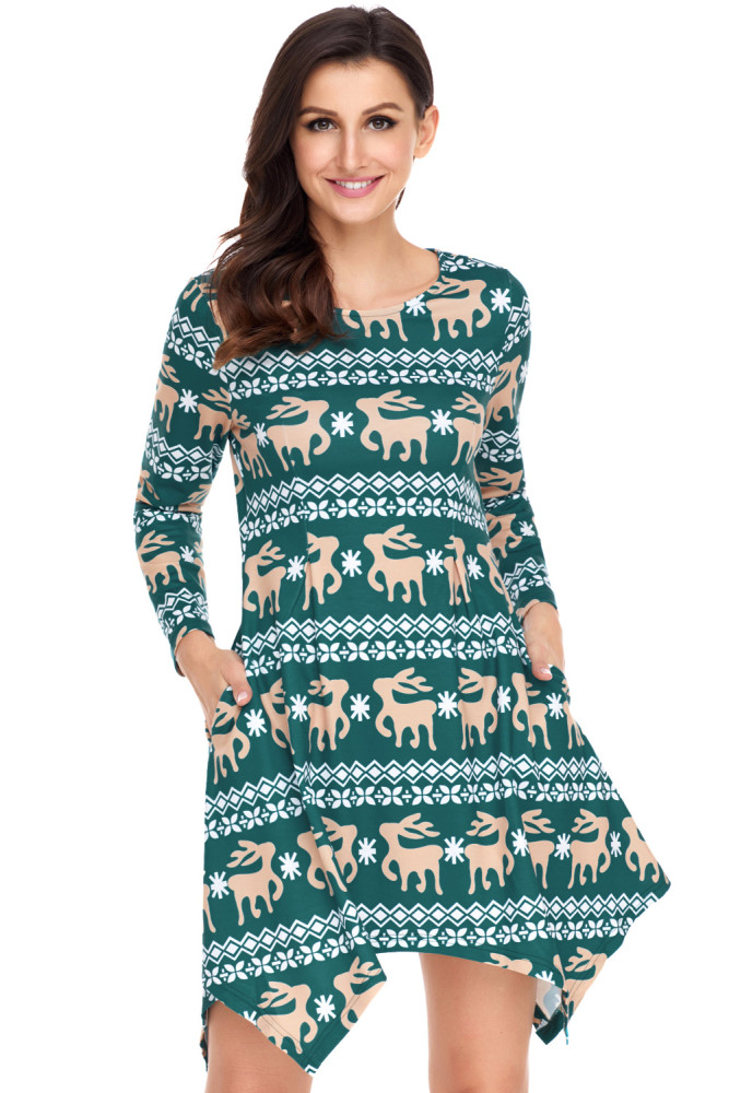 Cute Christmas Reindeer Print Green Swingy Mini Dress