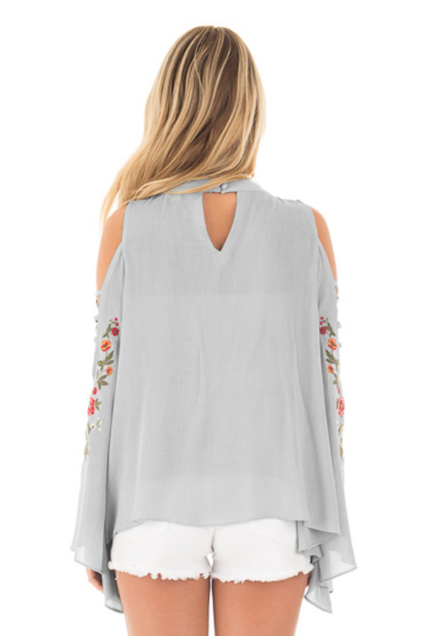 Gray Embroidered Crisscross Bell Sleeve Blouse