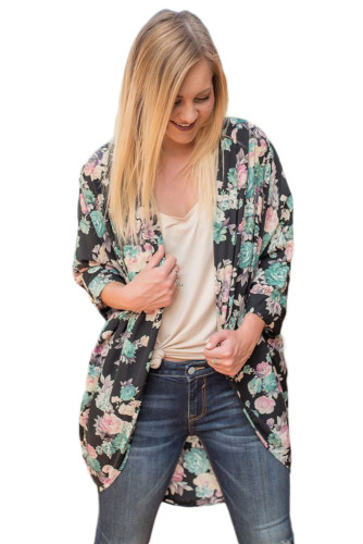 Light Blue Floral Kimono Cardigan Loose Cover up