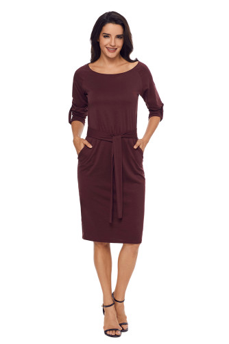 Coffee Roll-tab Long Sleeve Tie Waist Midi Dress