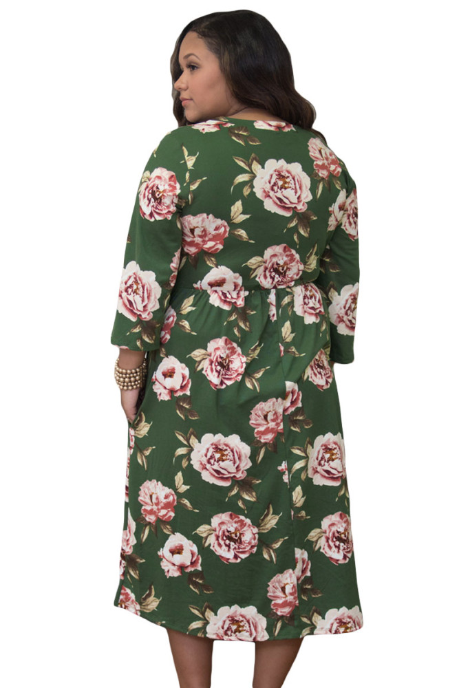 Olive Floral Printing Plus Size Dress