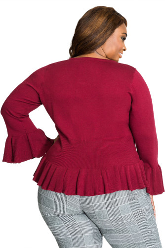 Wine Ruffle Hem V Neck Plus Size Cardigan