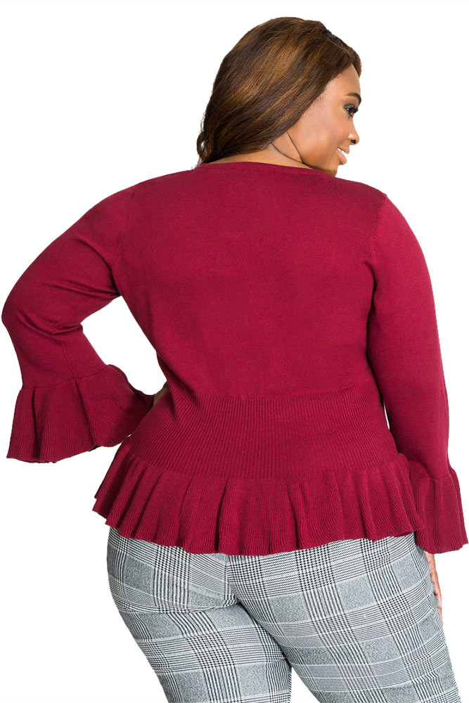 Wine Ruffle Hem V Neck Plus Size Cardigan