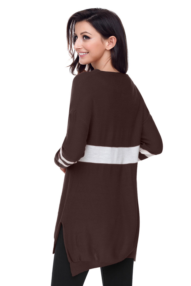 White Strip Brown V Neck Sweater
