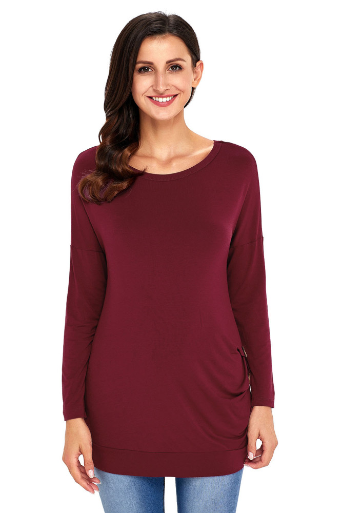 Claret Buttoned Side Long Sleeve Spring Autumn Womens Top