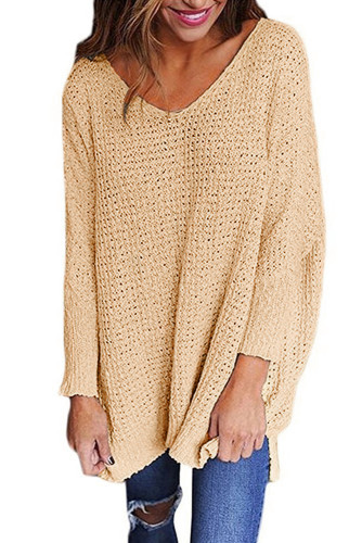 Khaki Oversized Long Sleeve Knitted V-Neck Sweater