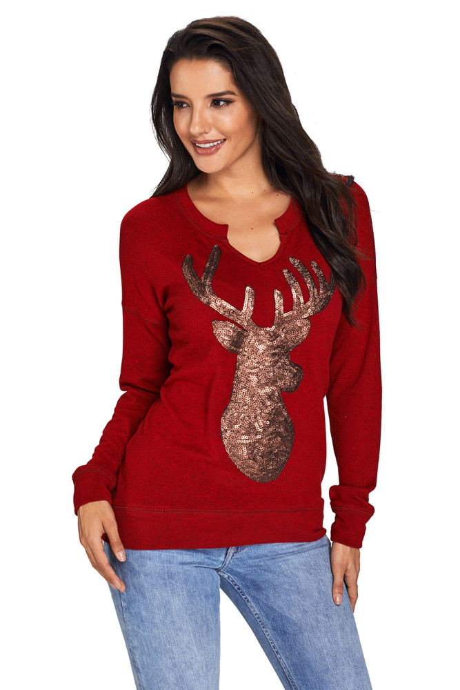 Wine Womens Sequin Christmas Reindeer Top