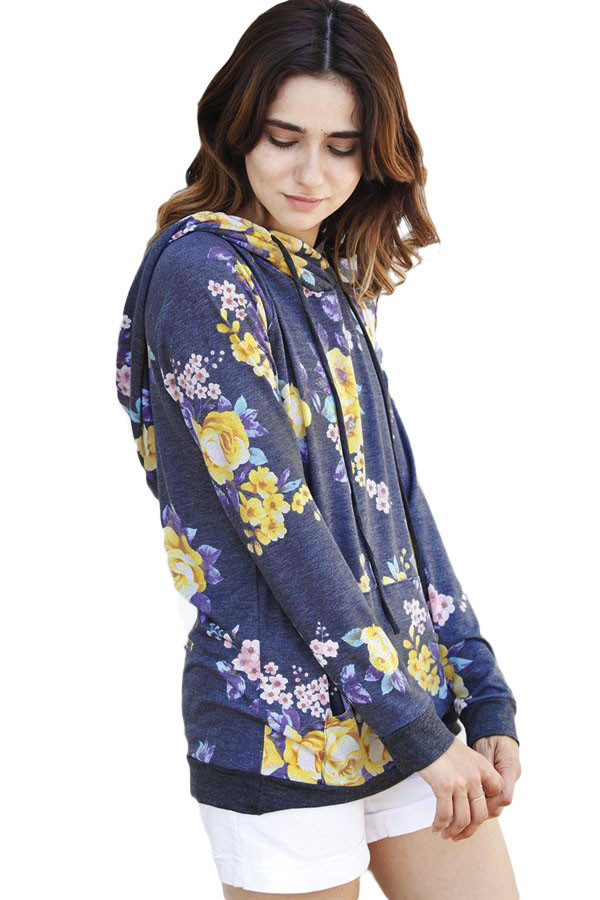 Charcoal Yellow Floral Drawstring Hoodie