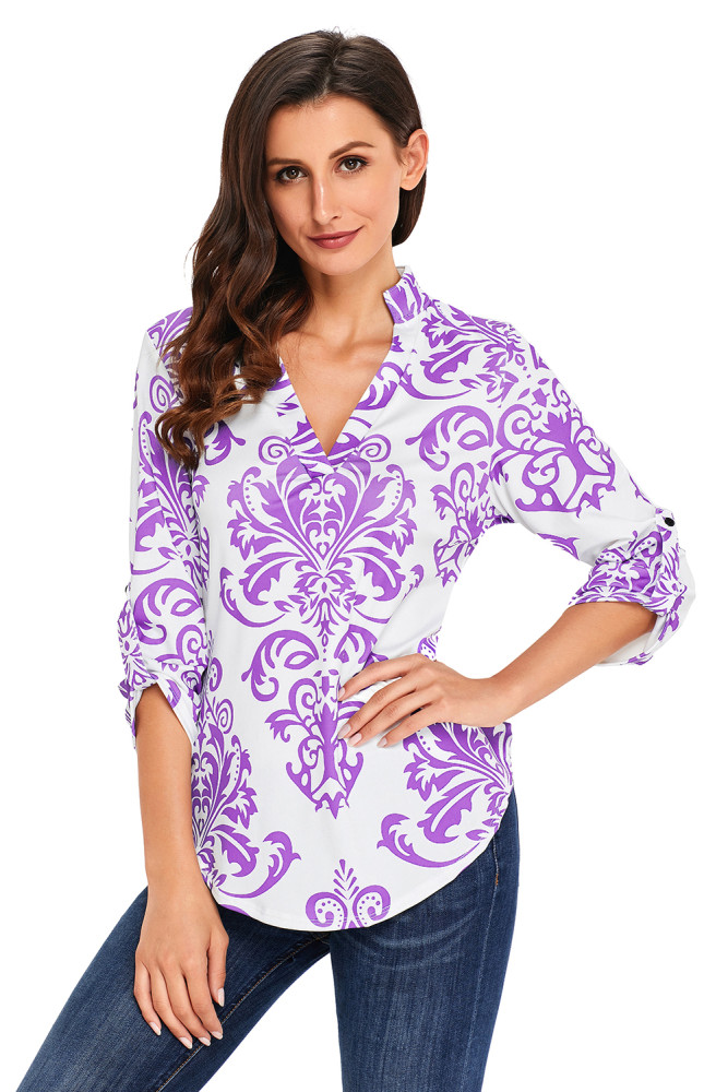 Purple Damask Print Slight Collar V Neck Blouse