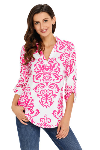 Rosy Damask Print Slight Collar V Neck Blouse