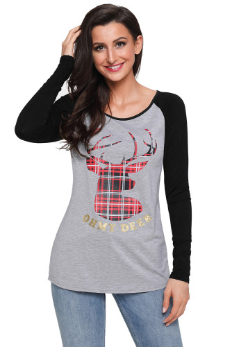 Oh My Deer Plaid Christmas Reindeer Black Sleeve Blouse