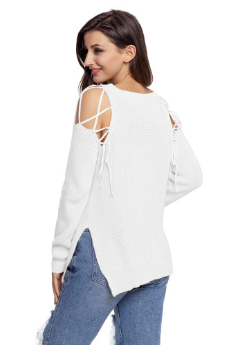 White Lace up Shoulder Sweater