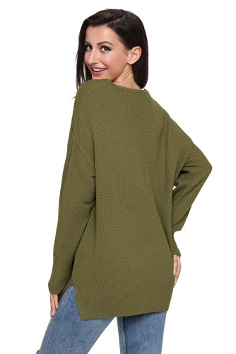 Army Green Oversized Long Sleeve Knitted V-Neck Sweater