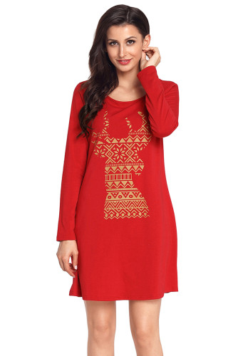 Geometric Snowflake Reindeer Red Christmas T-shirt Dress