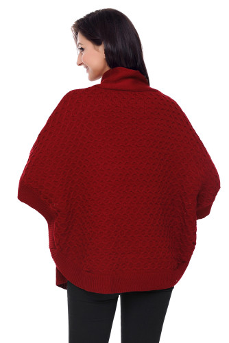 Burgundy High Neck Waffle Knit Poncho