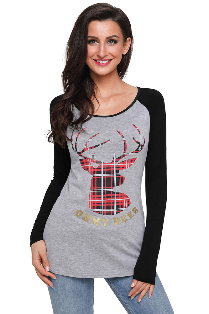 Oh My Deer Plaid Christmas Reindeer Black Sleeve Blouse