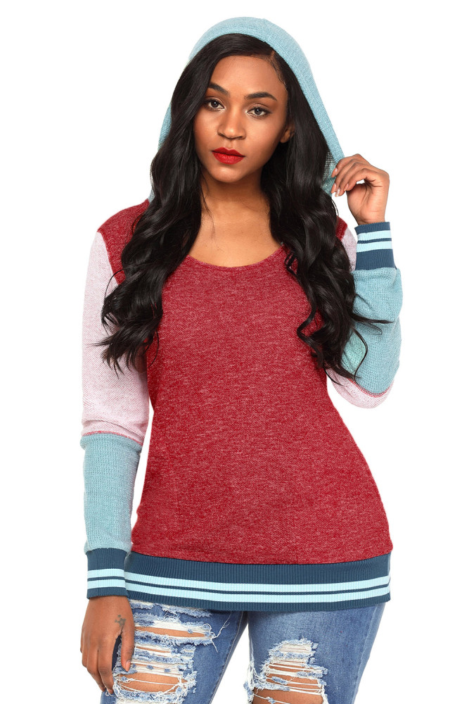 Varsity Striped Purplish Red Colorblock Hoodie