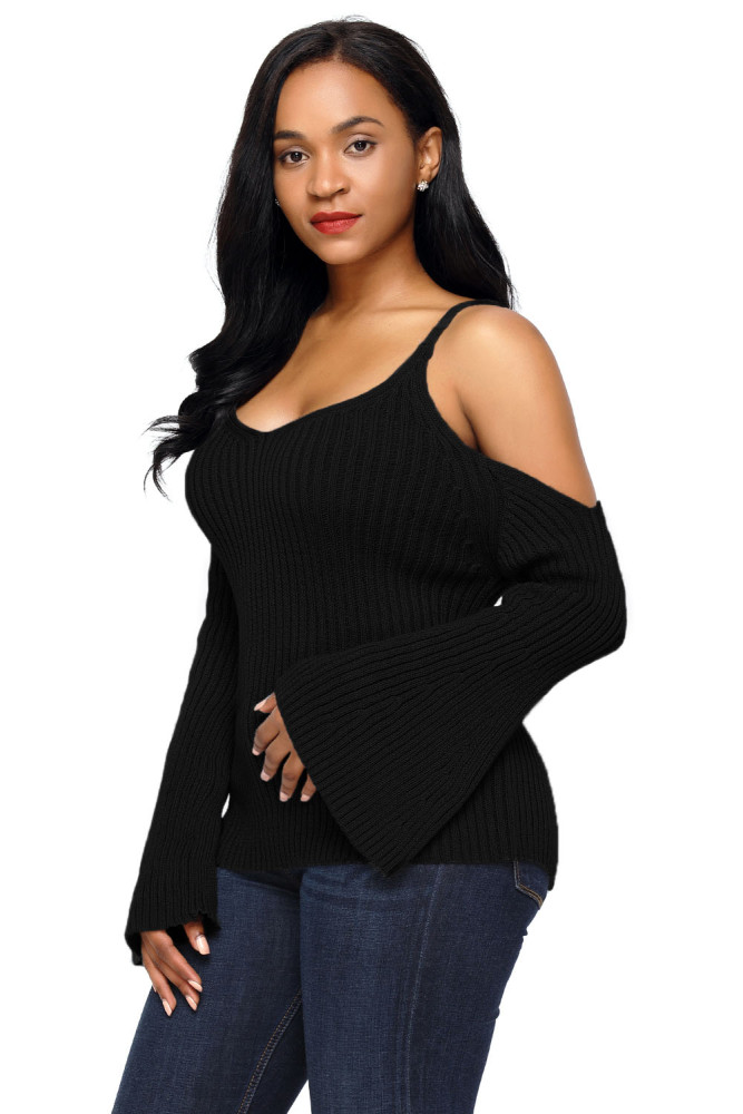 Black Cold Shoulder Bell Sleeve Sweater