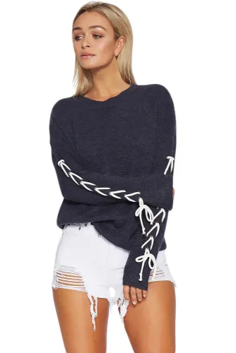 Navy Lace up Sleeve Sweater