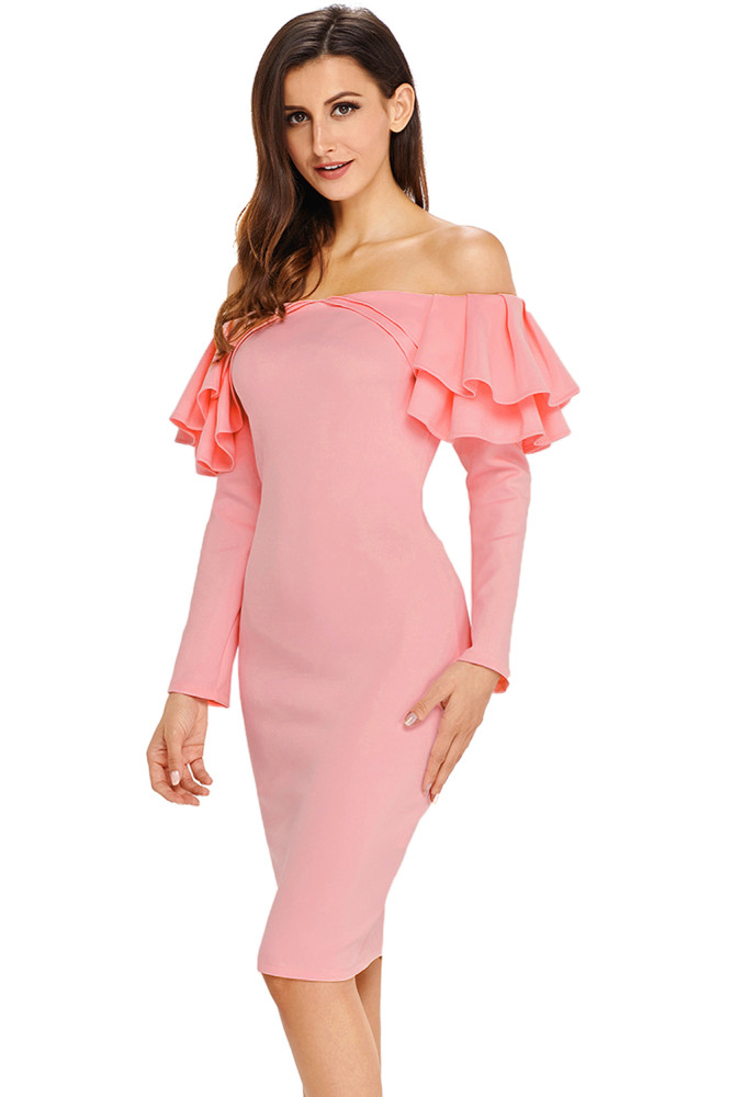 Pink Ruffle Off The Shoulder Long Sleeve Bodycon Dress