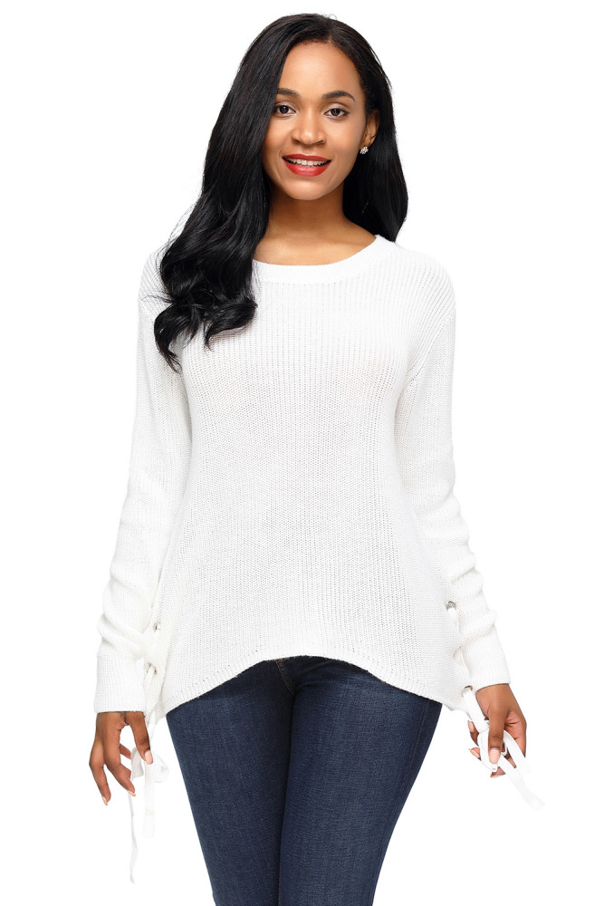 White Long Sleeve Lace up Sided Sweater
