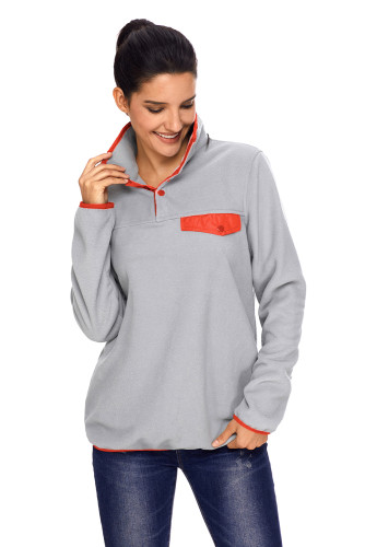 Orange Stand Collar Buttons Fleece Pullover Top