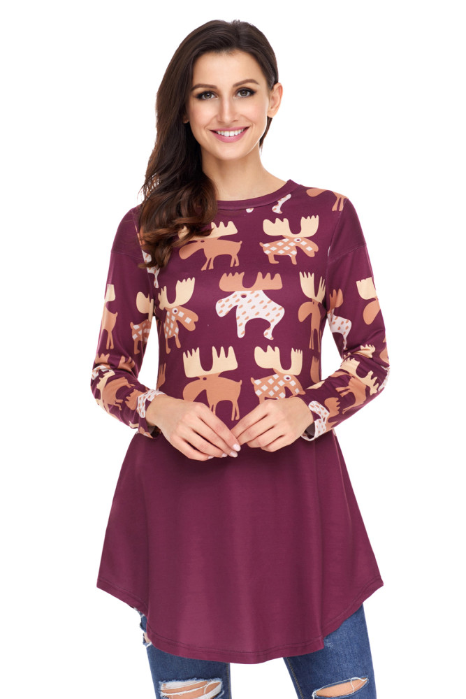 Orange Cartoon Reindeer Print Mauve Christmas Blouse