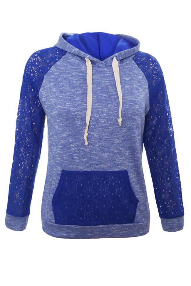 Royal Blue Lace Accent Kangaroo Pocket Hoodie