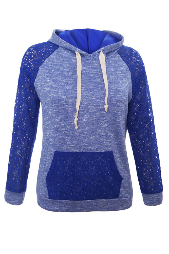 Royal Blue Lace Accent Kangaroo Pocket Hoodie