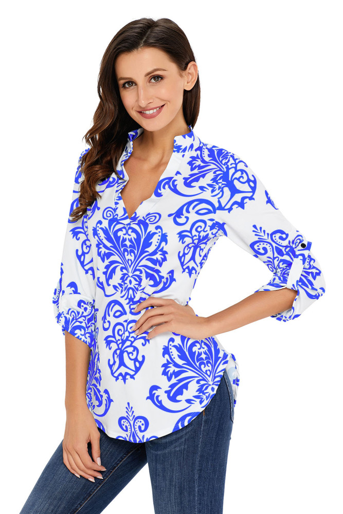 Royal Blue Damask Print Slight Collar V Neck Blouse
