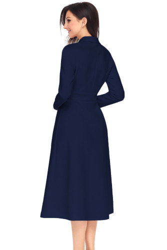 Navy Vintage Button Collared Fit-and-flare Dress