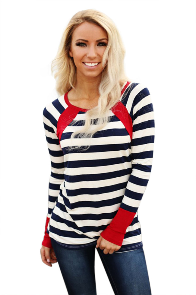 Red Splice Accent Navy White Striped Long Sleeve Shirt