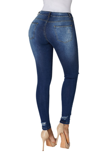 Dark Blue Denim Destroyed Ankle Length Skinny Jeans