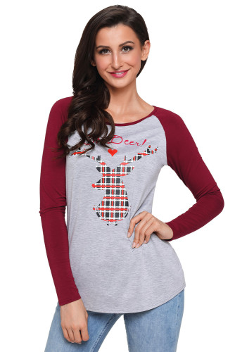 Oh Deer Plaid Christmas Reindeer Red Sleeve Blouse