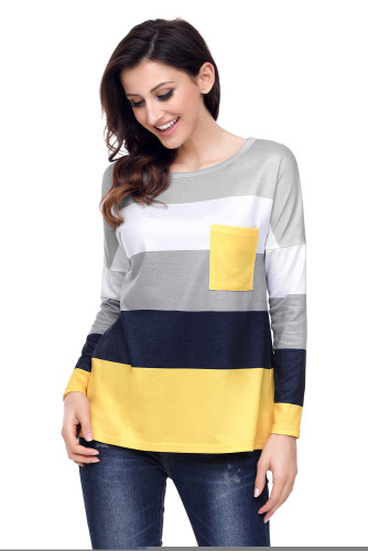 Black Yellow Colorblock Pocket Pullover Tunic Top