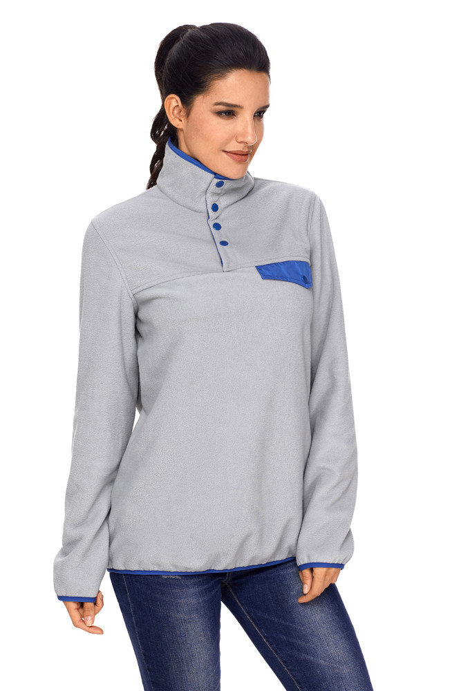 Gray Stand Collar Buttons Fleece Pullover Top